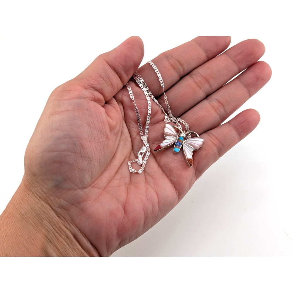 Zuni Sterling Silver Butterfly Inlay Necklace Turquoise Lapis Coral Stones ** - Picture 7 of 10